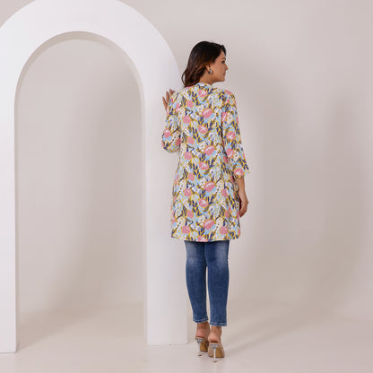 White and Pink Floral Printed Rayon Tunic