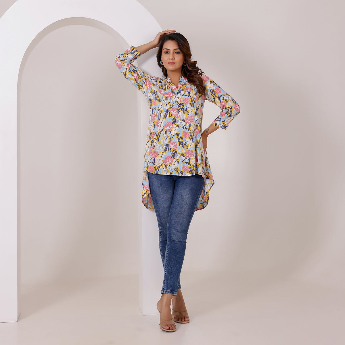 White and Pink Floral Printed Rayon Tunic