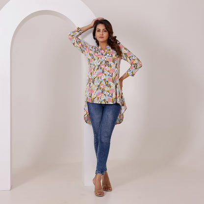 White and Pink Floral Printed Rayon Tunic