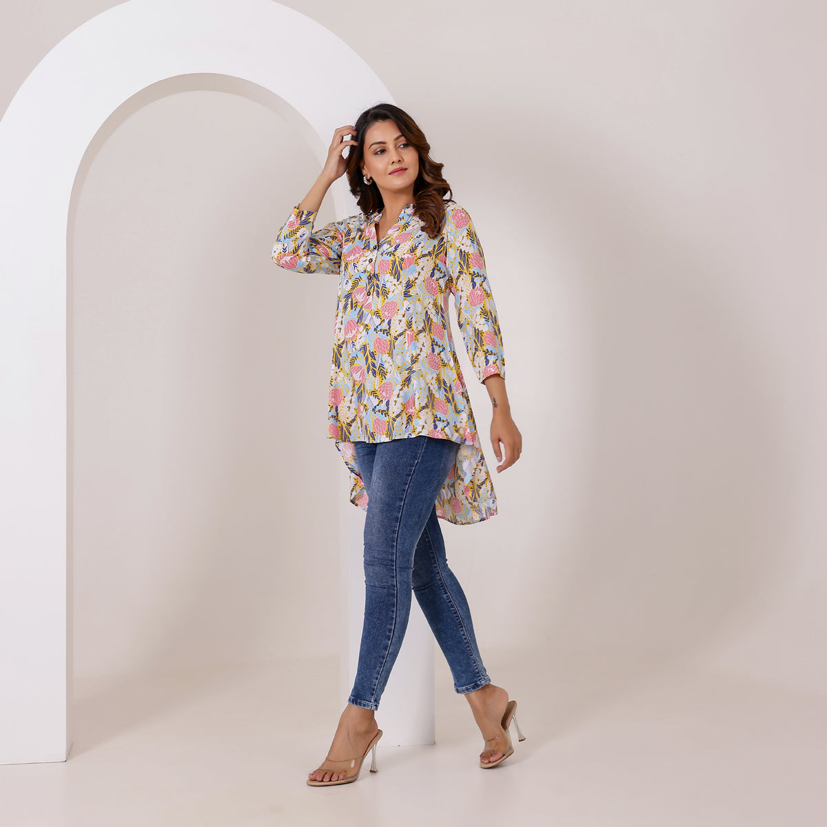 White and Pink Floral Printed Rayon Tunic