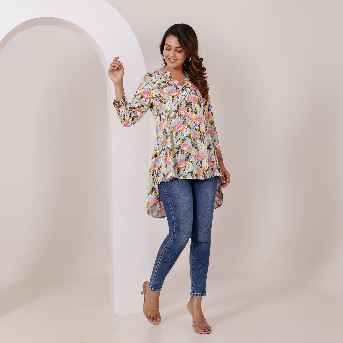 White and Pink Floral Printed Rayon Tunic