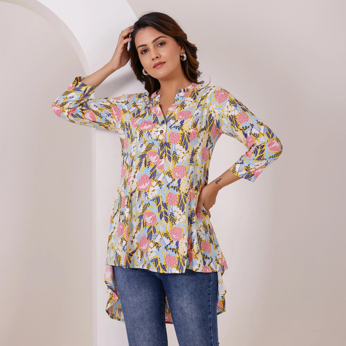 White and Pink Floral Printed Rayon Tunic