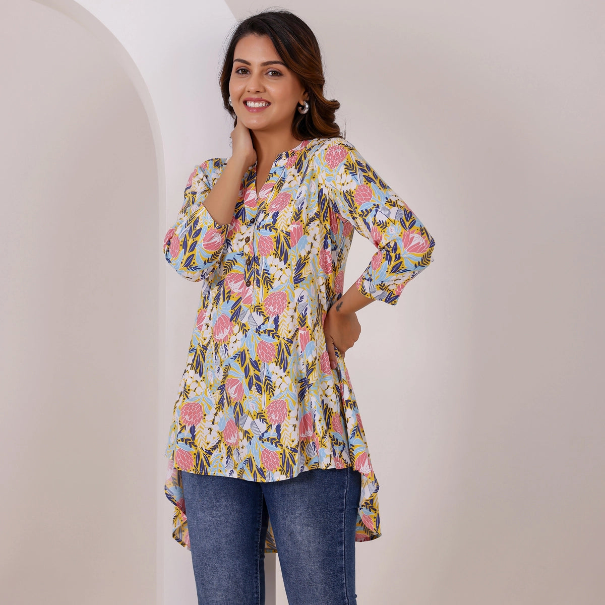 White and Pink Floral Printed Rayon Tunic