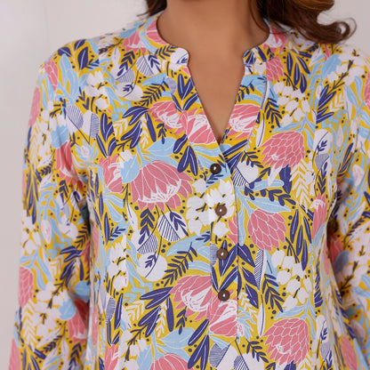 White and Pink Floral Printed Rayon Tunic