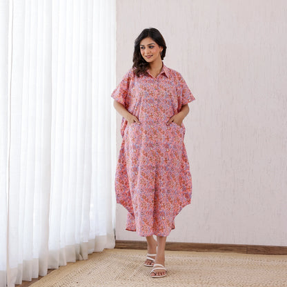 Baby Pink Floral Printed Cotton Shirt Kaftan