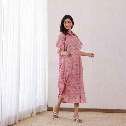 Baby Pink Floral Printed Cotton Shirt Kaftan