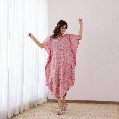 Baby Pink Floral Printed Cotton Shirt Kaftan