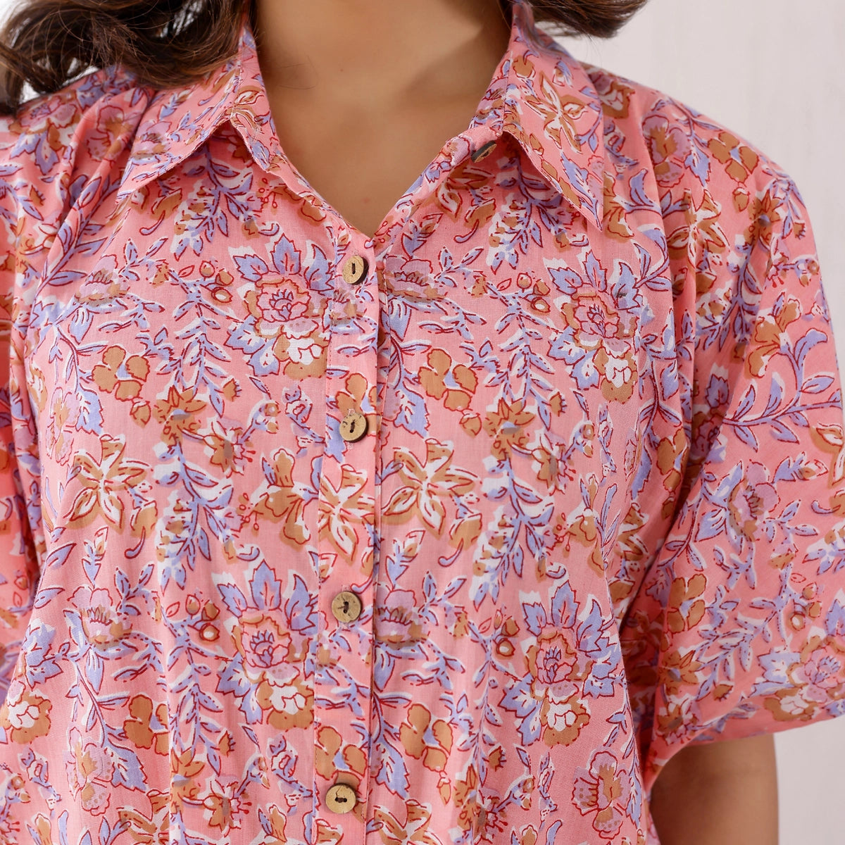 Baby Pink Floral Printed Cotton Shirt Kaftan