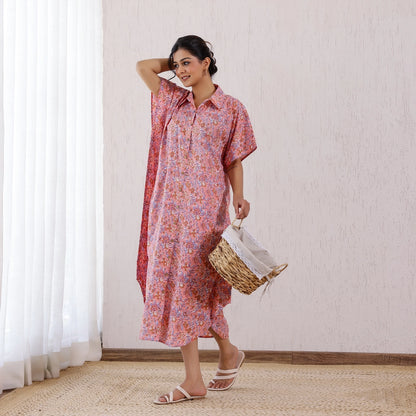 Baby Pink Floral Printed Cotton Shirt Kaftan