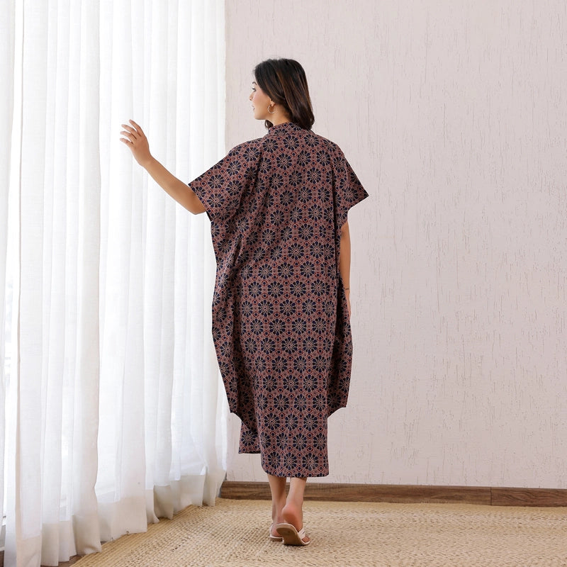 Maroon and Navy blue Ajrakh Printed Cotton Shirt Kaftan