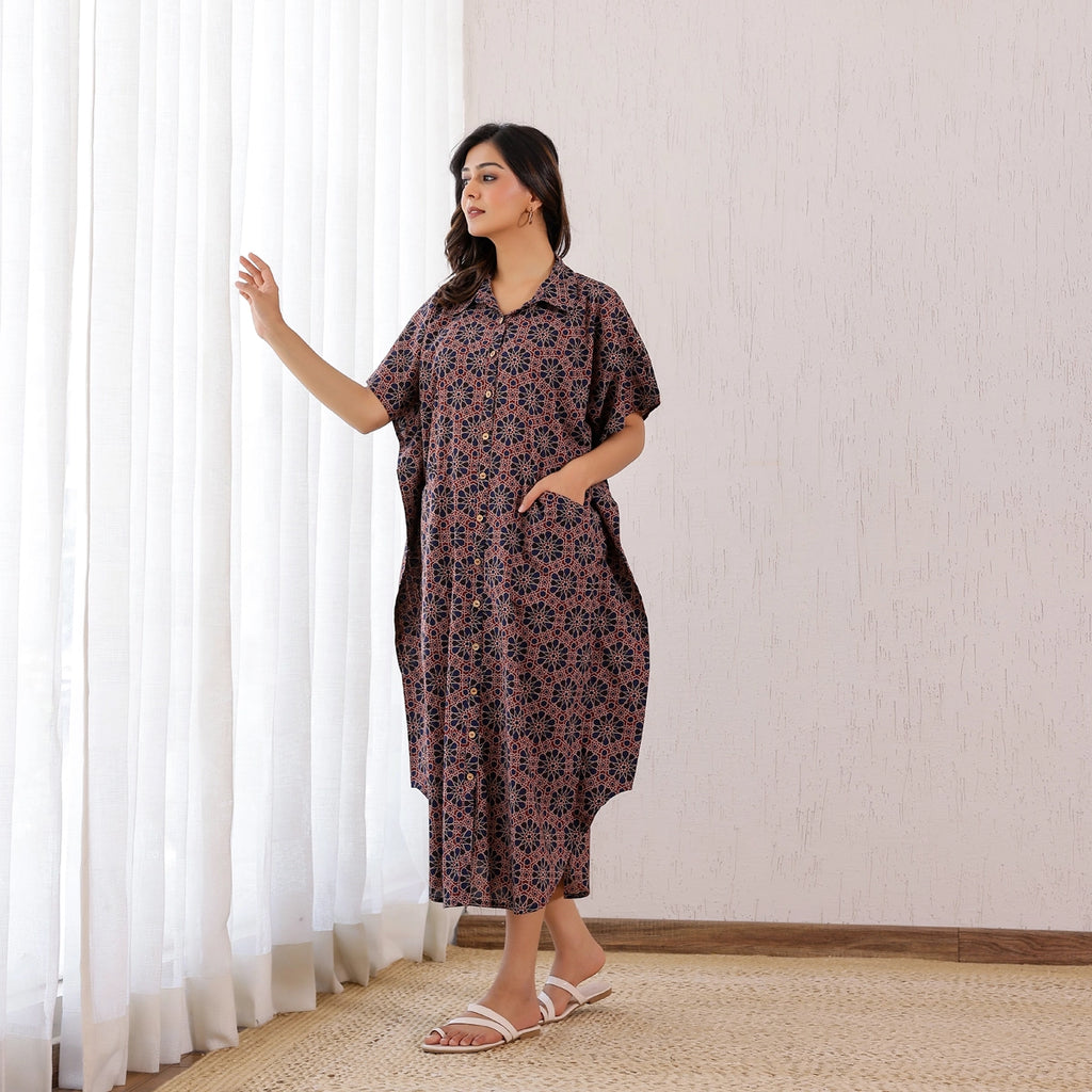 Maroon and Navy blue Ajrakh Printed Cotton Shirt Kaftan