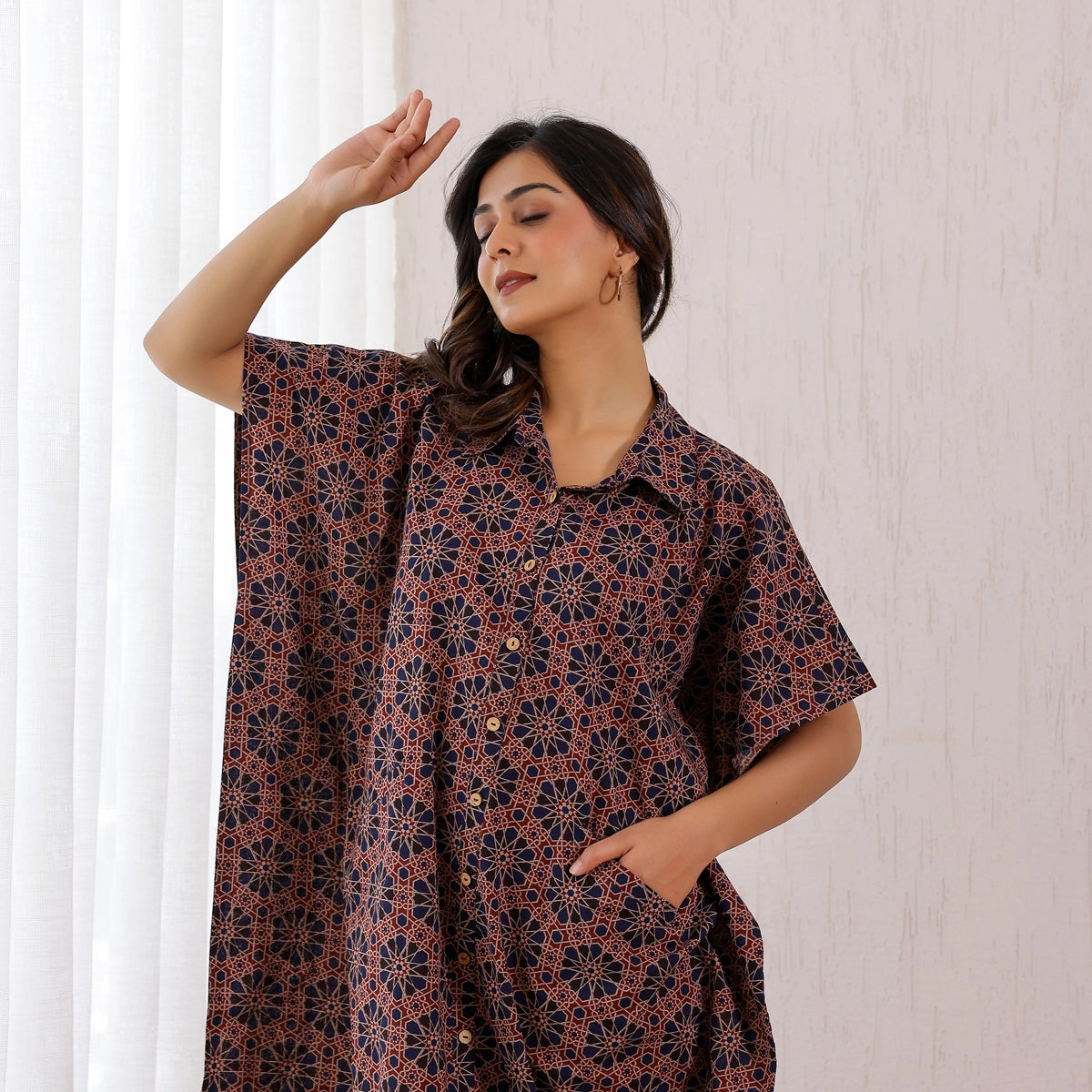 Maroon and Navy blue Ajrakh Printed Cotton Shirt Kaftan