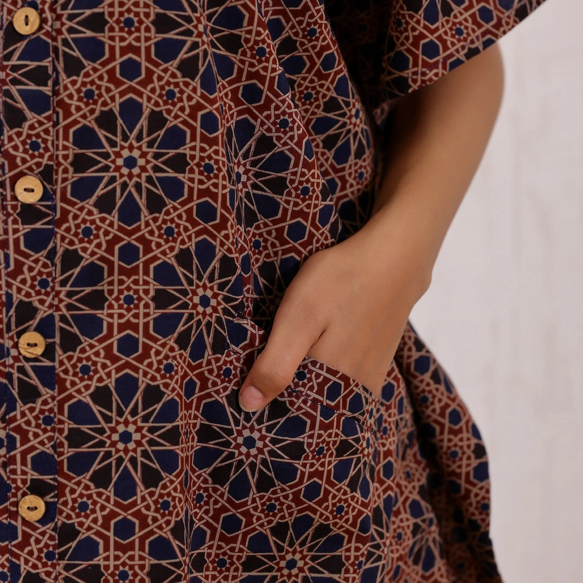 Maroon and Navy blue Ajrakh Printed Cotton Shirt Kaftan