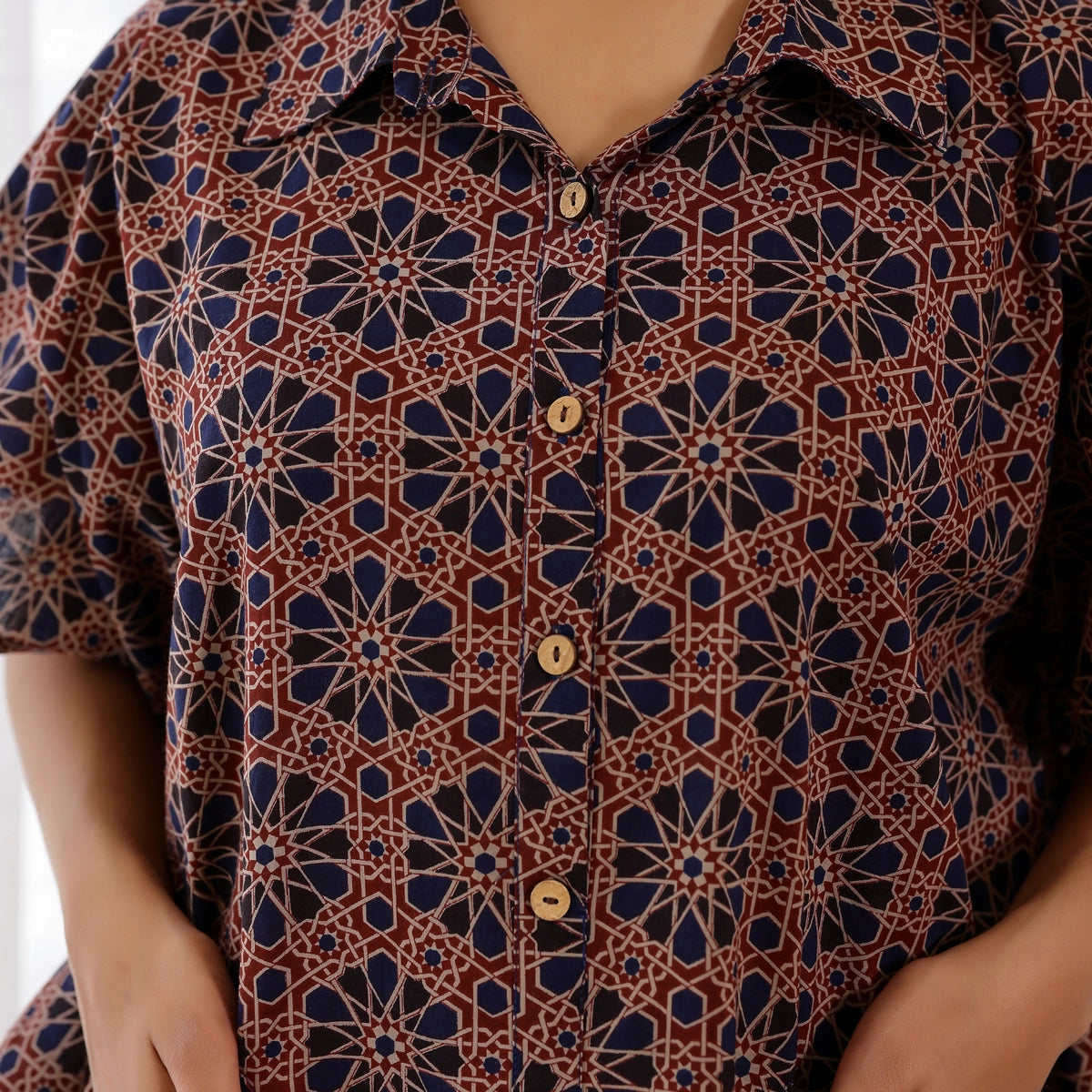 Maroon and Navy blue Ajrakh Printed Cotton Shirt Kaftan