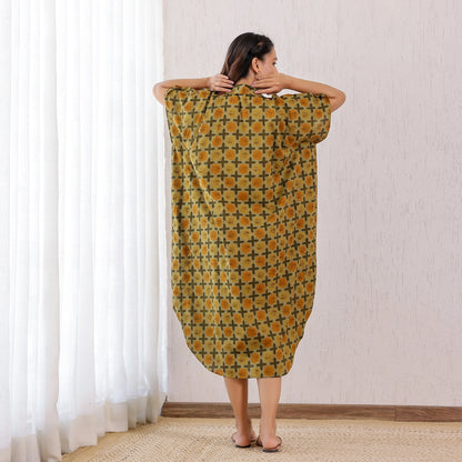 Mustard yellow Ajrakh Geometric Printed Cotton Shirt Kaftan