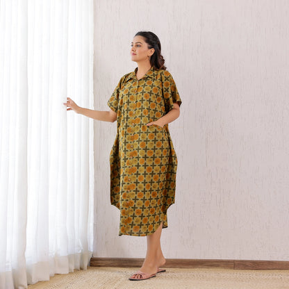 Mustard yellow Ajrakh Geometric Printed Cotton Shirt Kaftan