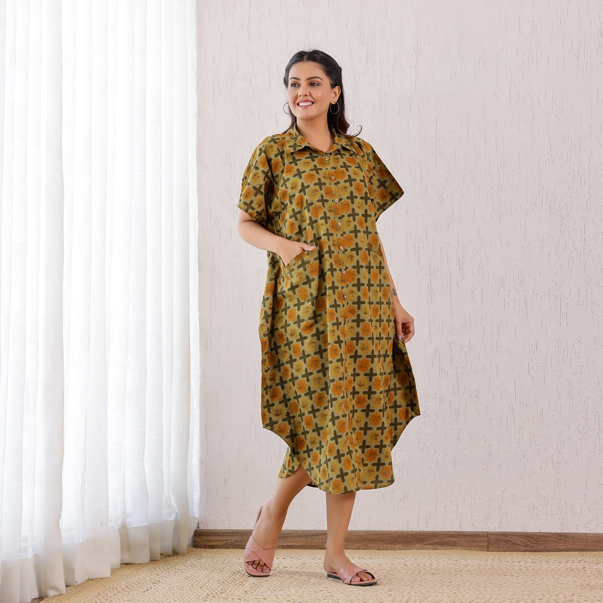 Mustard yellow Ajrakh Geometric Printed Cotton Shirt Kaftan