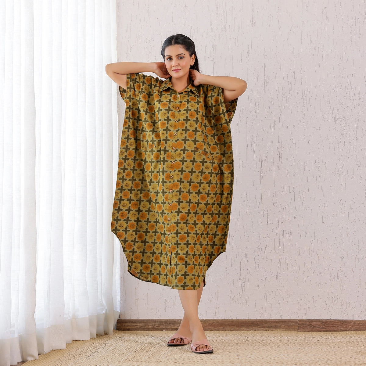 Mustard yellow Ajrakh Geometric Printed Cotton Shirt Kaftan