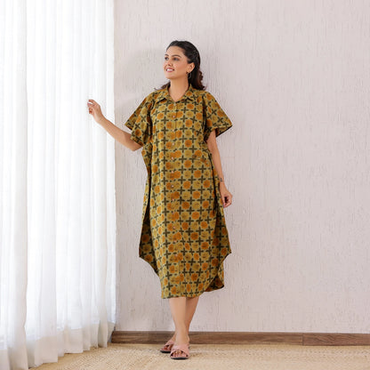 Mustard yellow Ajrakh Geometric Printed Cotton Shirt Kaftan