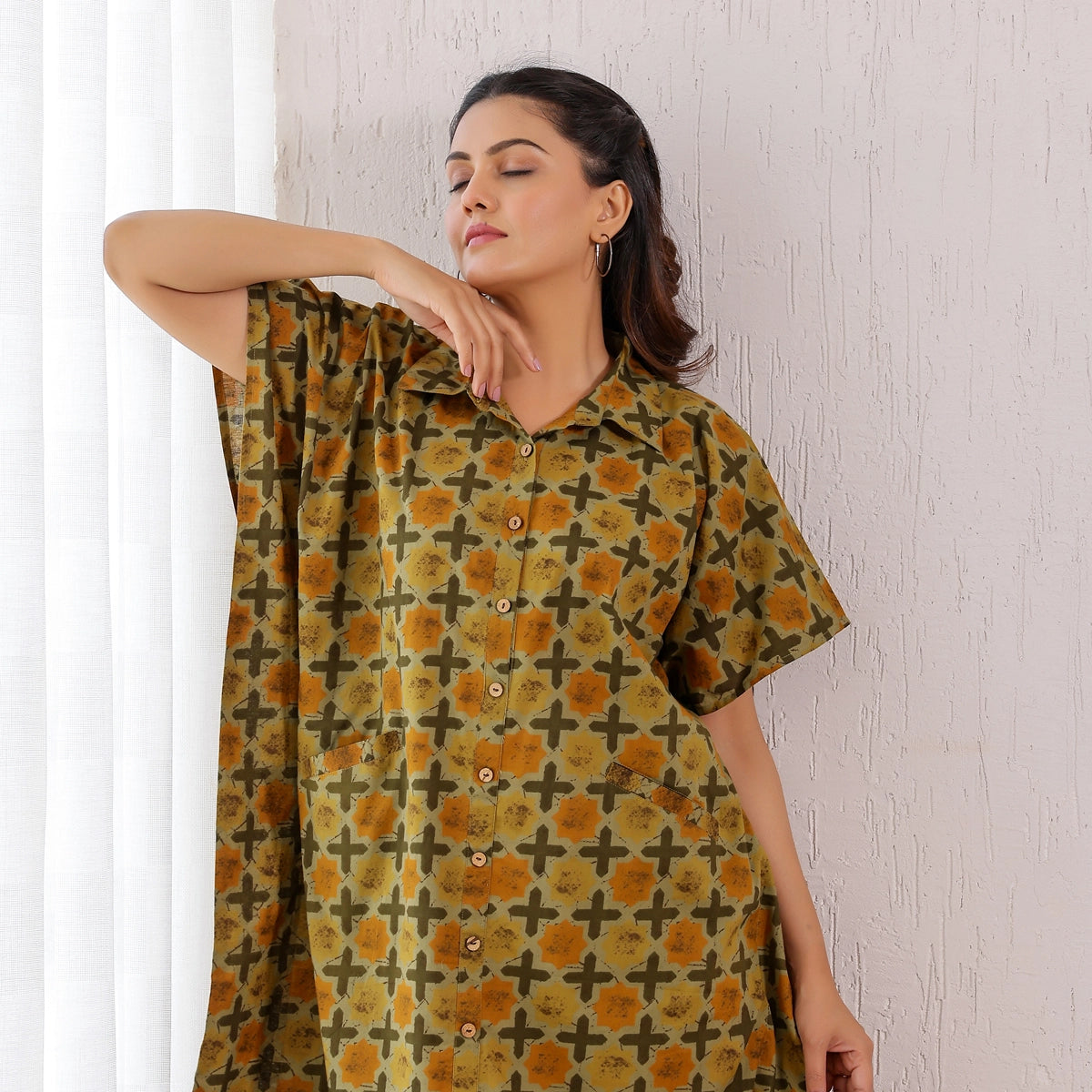 Mustard yellow Ajrakh Geometric Printed Cotton Shirt Kaftan