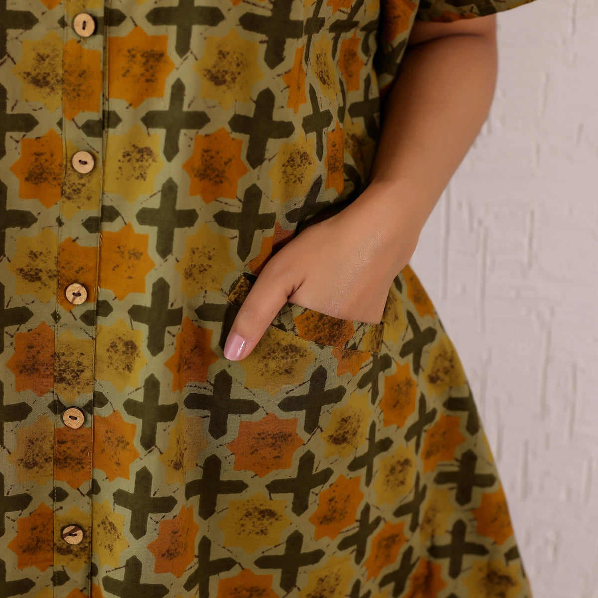 Mustard yellow Ajrakh Geometric Printed Cotton Shirt Kaftan