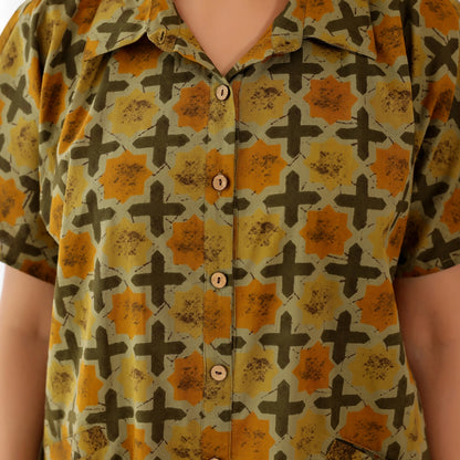 Mustard yellow Ajrakh Geometric Printed Cotton Shirt Kaftan