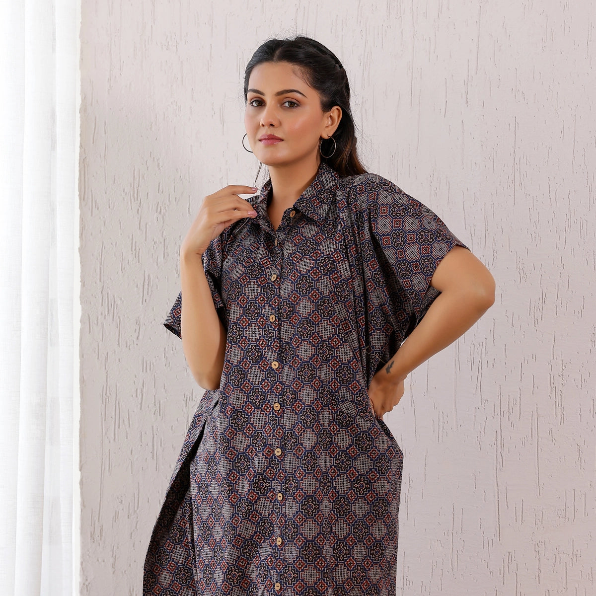 Navy Blue Ajrakh Printed Cotton Shirt Kaftan