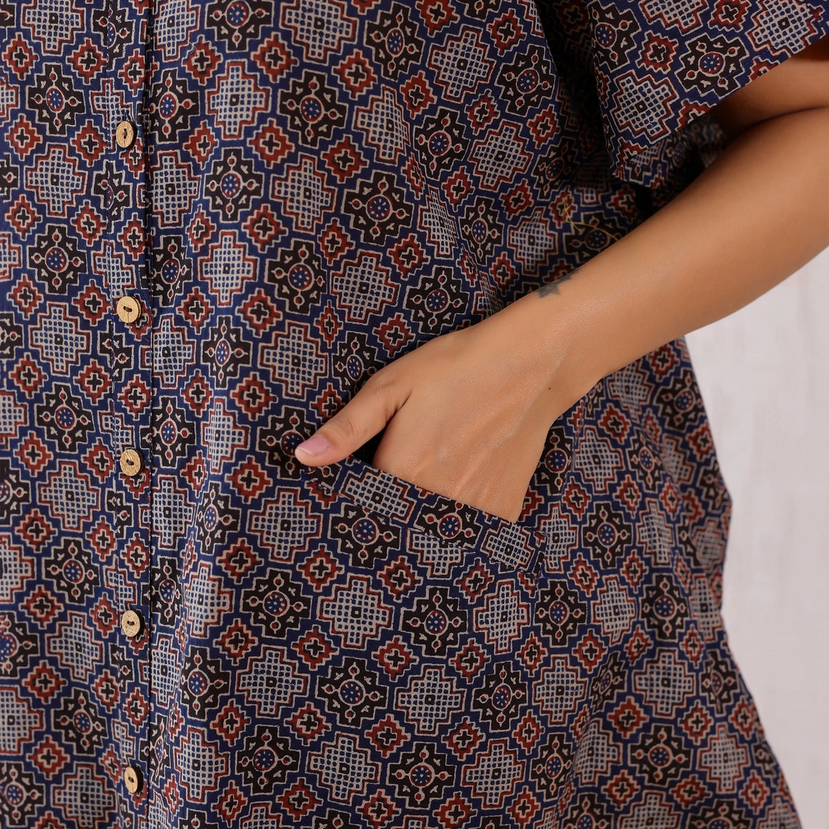 Navy Blue Ajrakh Printed Cotton Shirt Kaftan