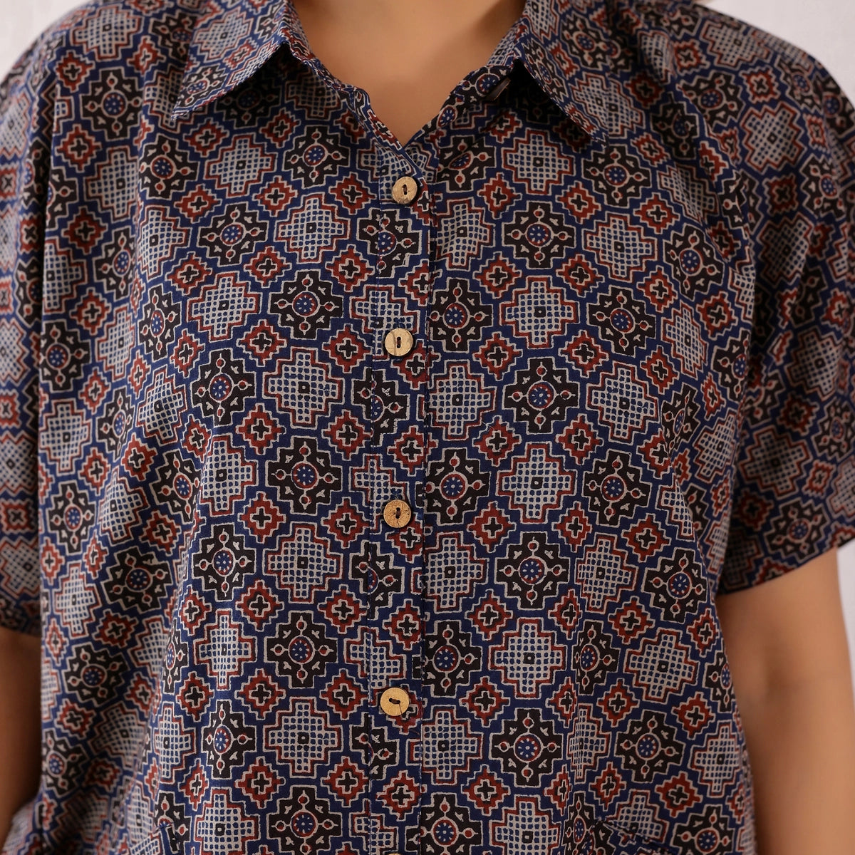 Navy Blue Ajrakh Printed Cotton Shirt Kaftan