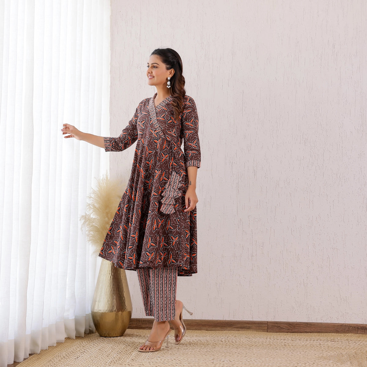 Brown and Off-white Vine-Stripes Print Cotton Co-ord set