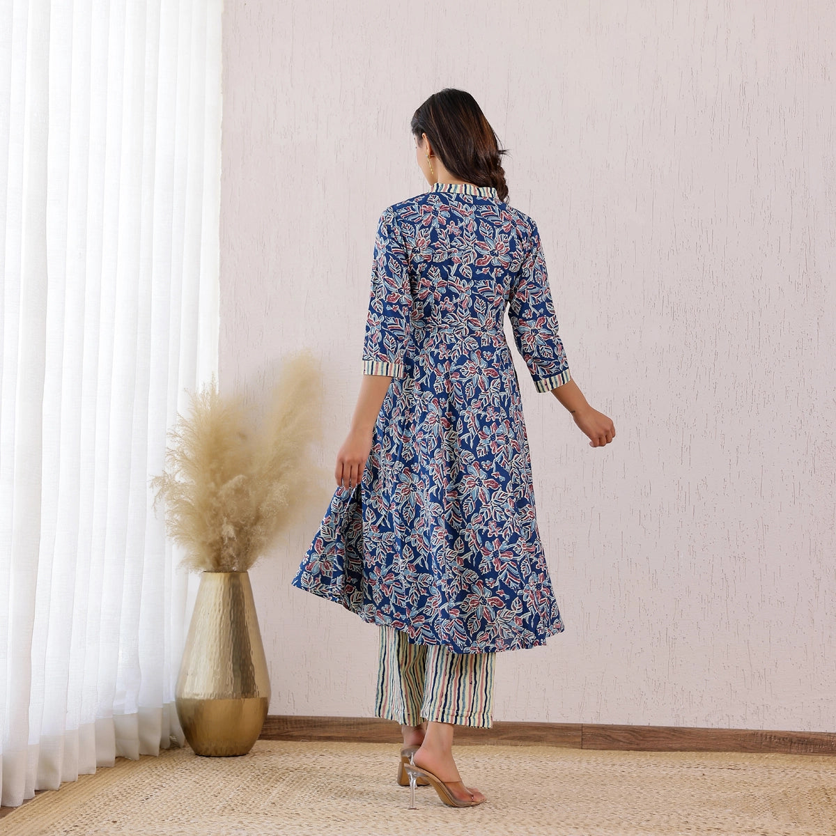 Blue and Cream Floral-Stripes Printed Cotton Co-ord Set