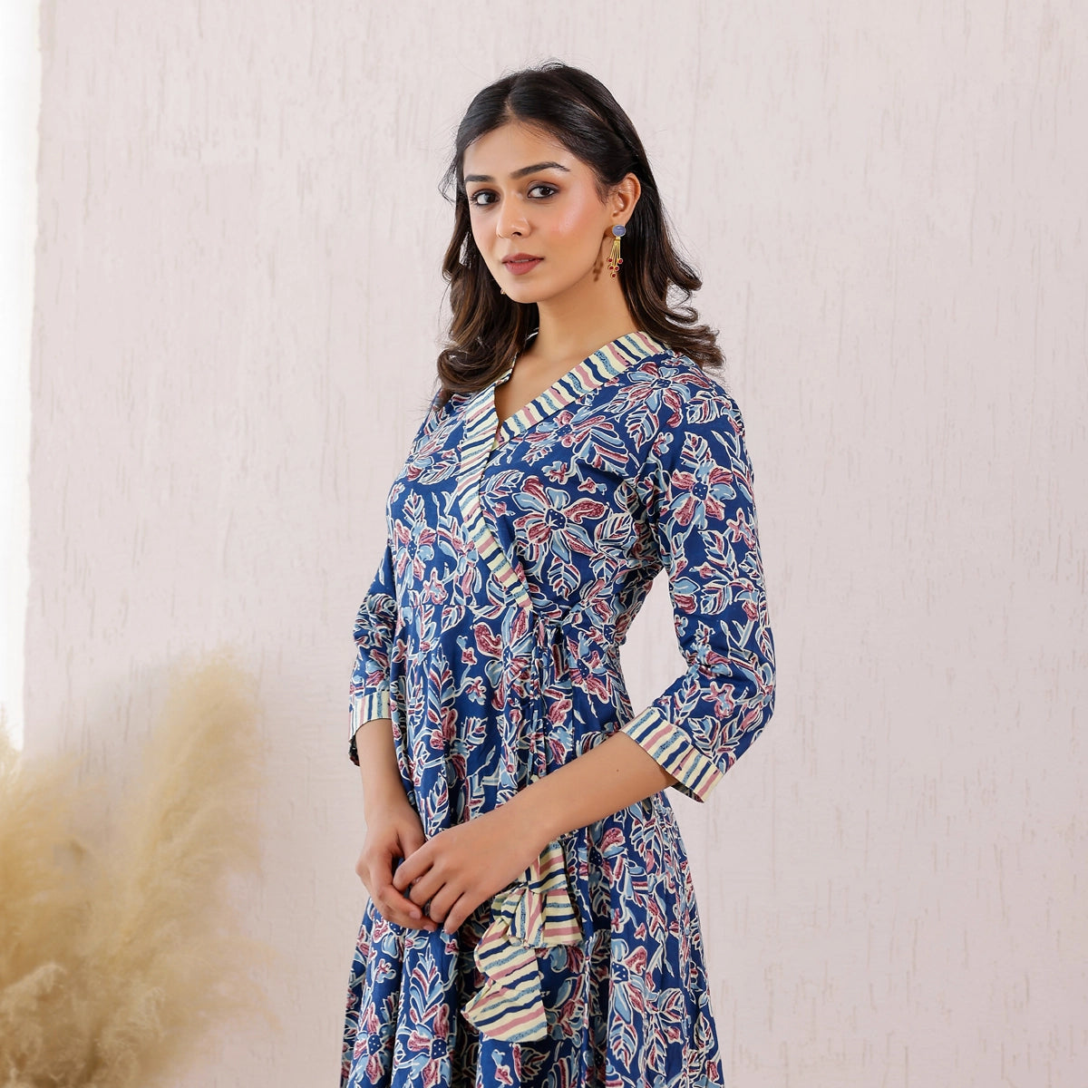 Blue and Cream Floral-Stripes Print Cotton Co-ord Set