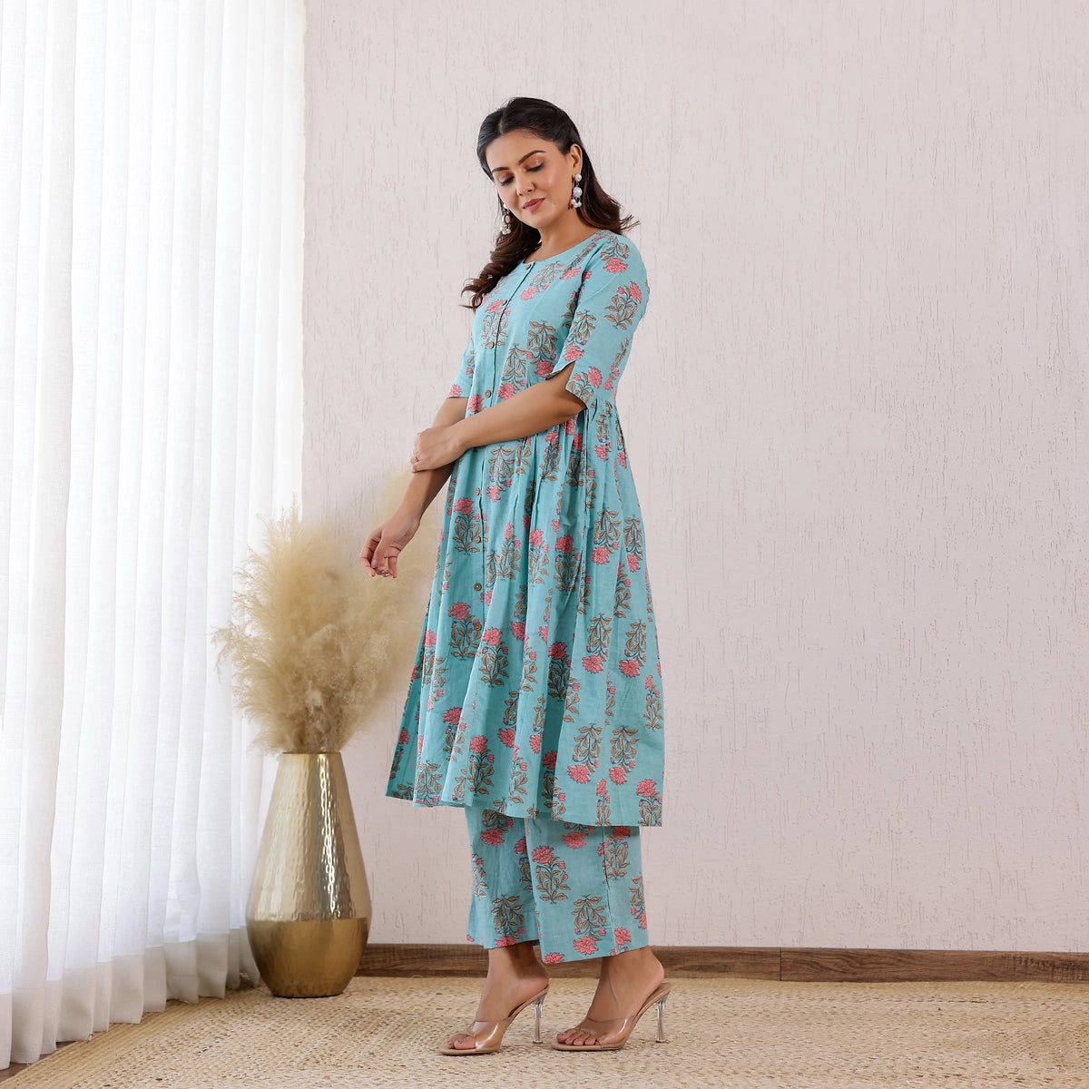 Pastel Blue Floral Print Cotton Co-ord Set