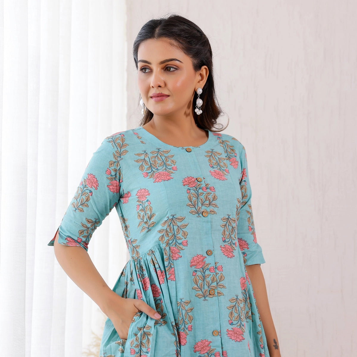 Pastel Blue Floral Print Cotton Co-ord Set