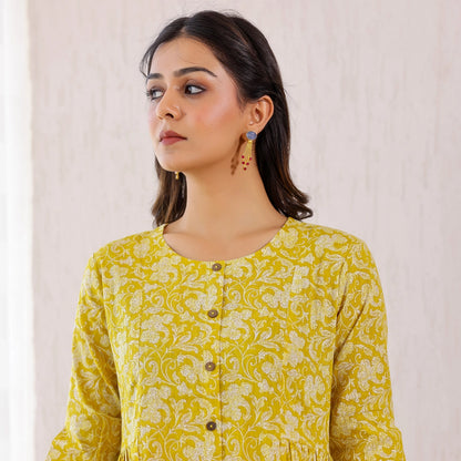 Mustard Yellow Floral Printed Cotton Co-ord set