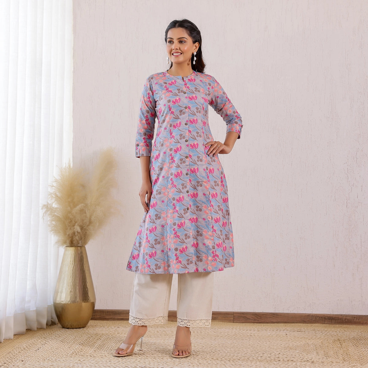 Pastel Blue Floral Printed Cotton Kurti