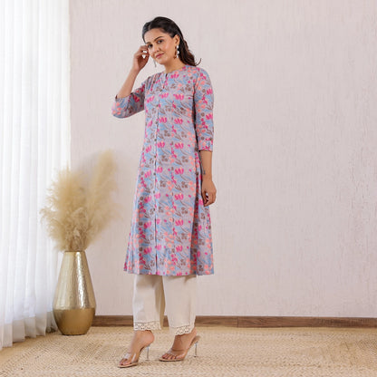 Pastel Blue Floral Printed Cotton Kurti