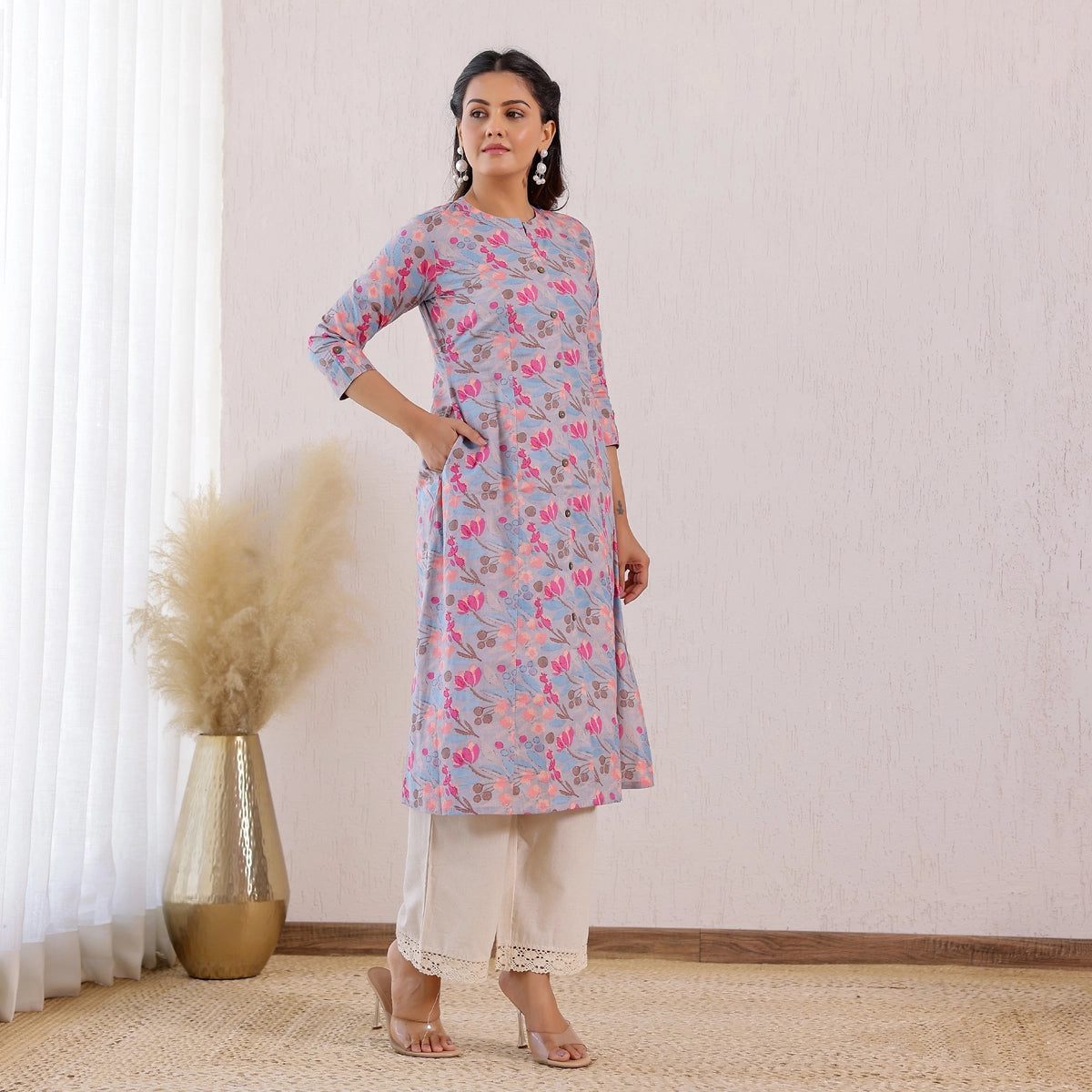 Pastel Blue Floral Printed Cotton Kurti