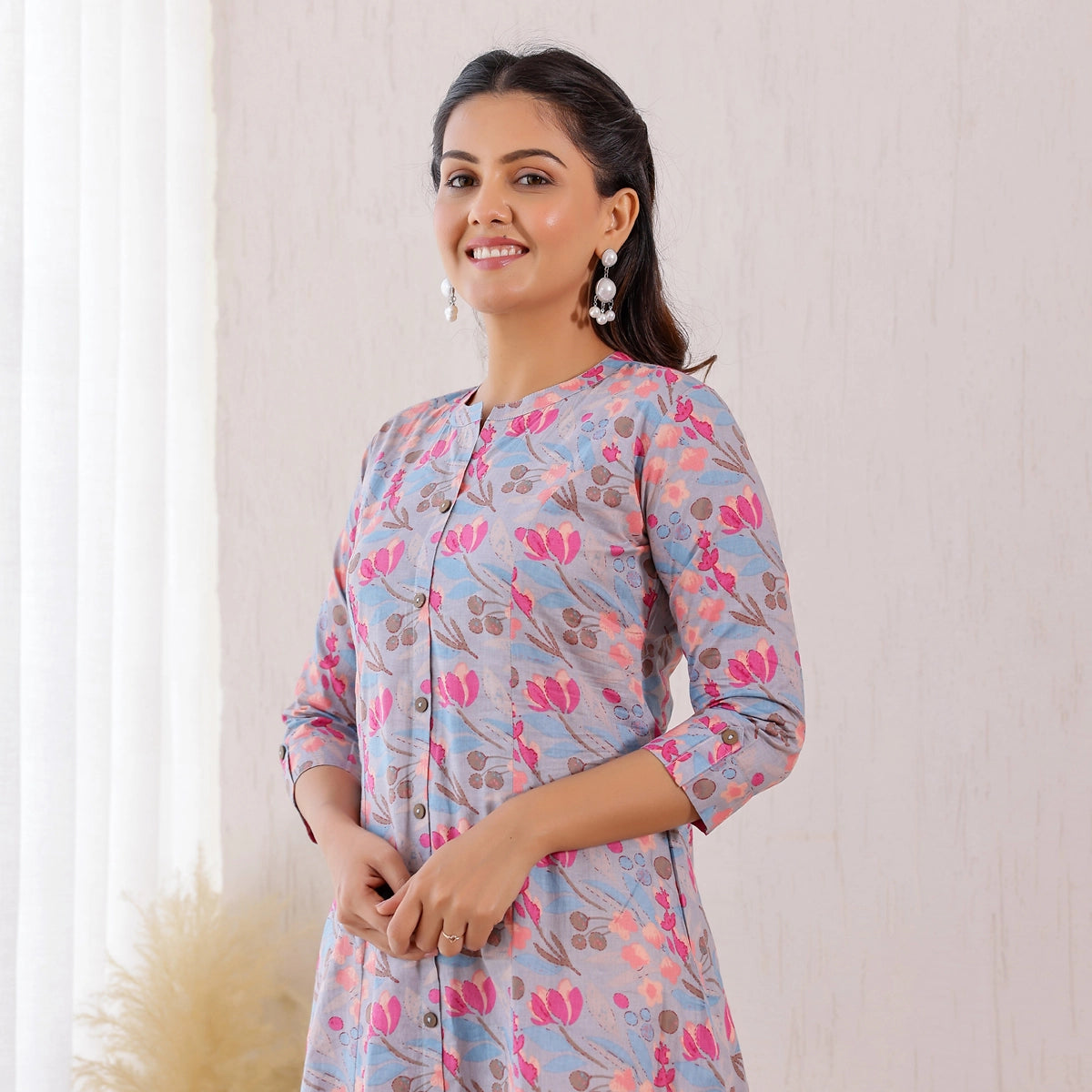 Pastel Blue Floral Print Cotton Kurti