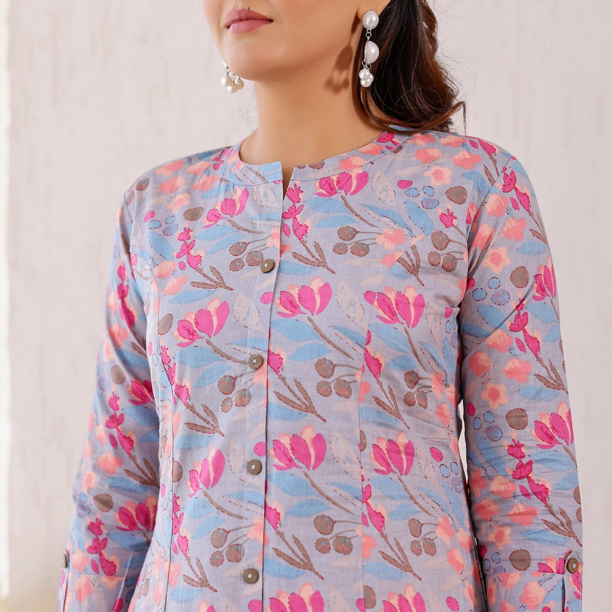 Pastel Blue Floral Printed Cotton Kurti