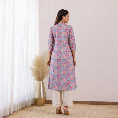 Pastel Blue Floral Printed Cotton Kurti