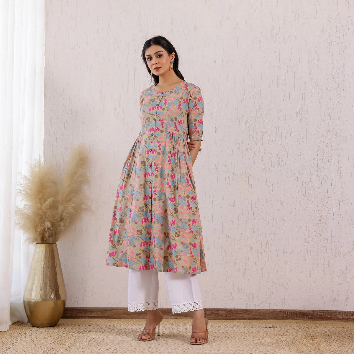 Pastel Green Floral Printed Cotton Kurti