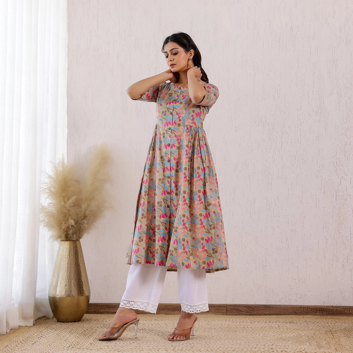 Pastel Green Floral Printed Cotton Kurti