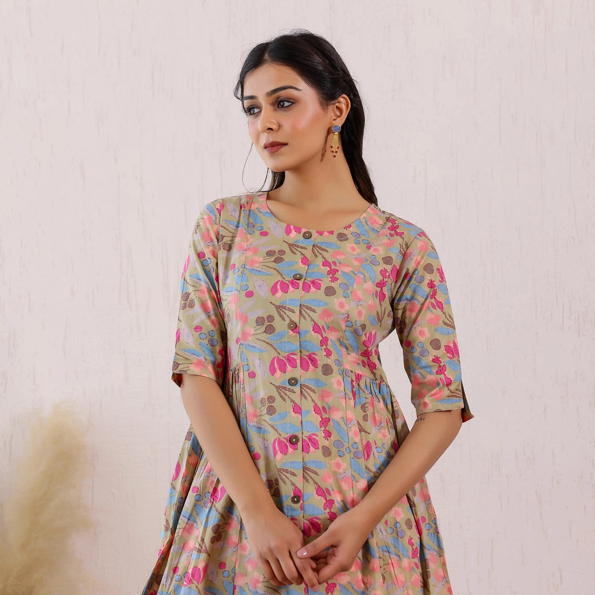 Pastel Green Floral Printed Cotton Kurti