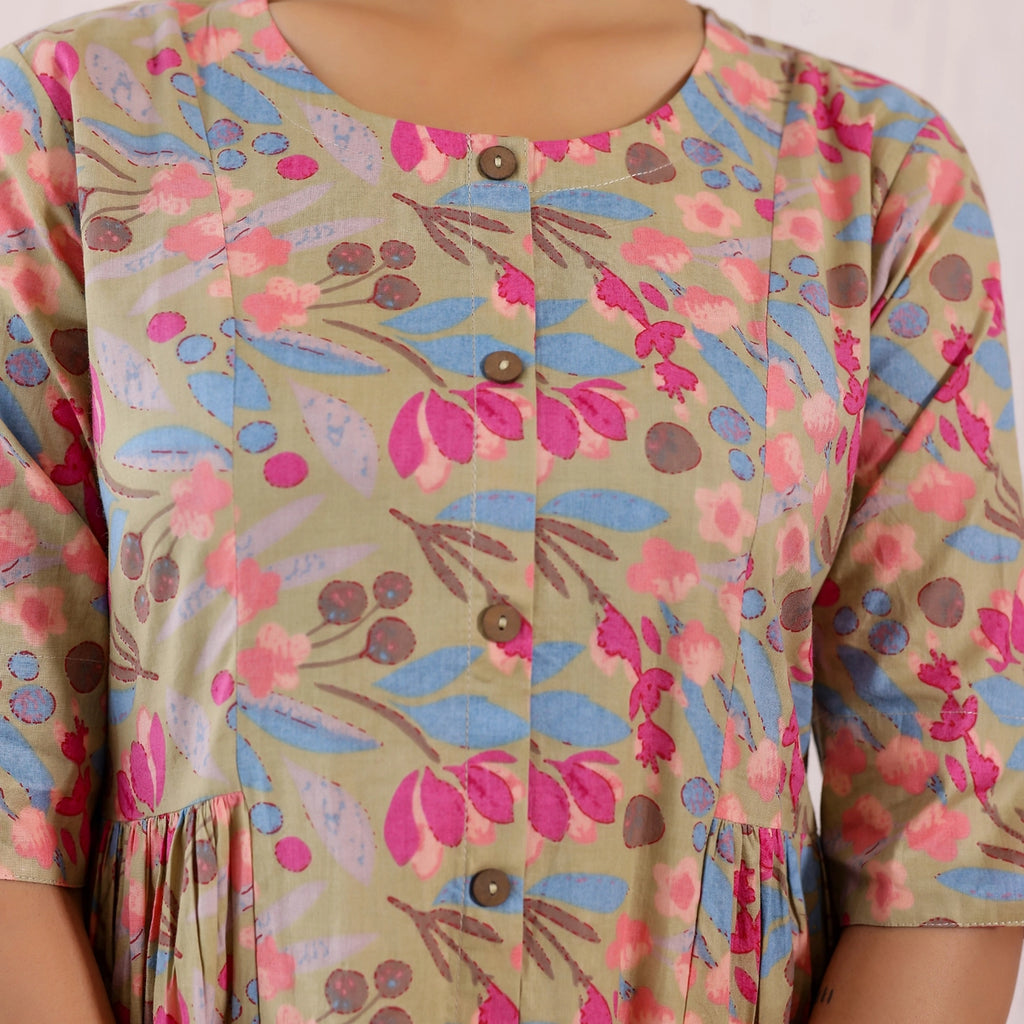 Pastel Green Floral Printed Cotton Kurti