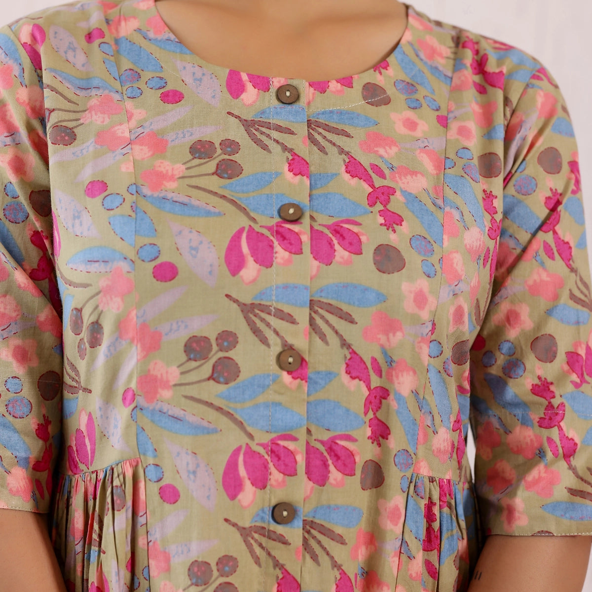 Pastel Green Floral Printed Cotton Kurti