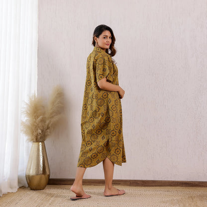 Mustard Yellow Ajrakh Printed Cotton Shirt Kaftan