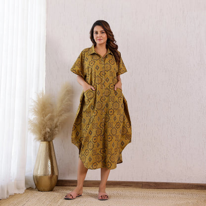 Mustard Yellow Ajrakh Printed Cotton Shirt Kaftan