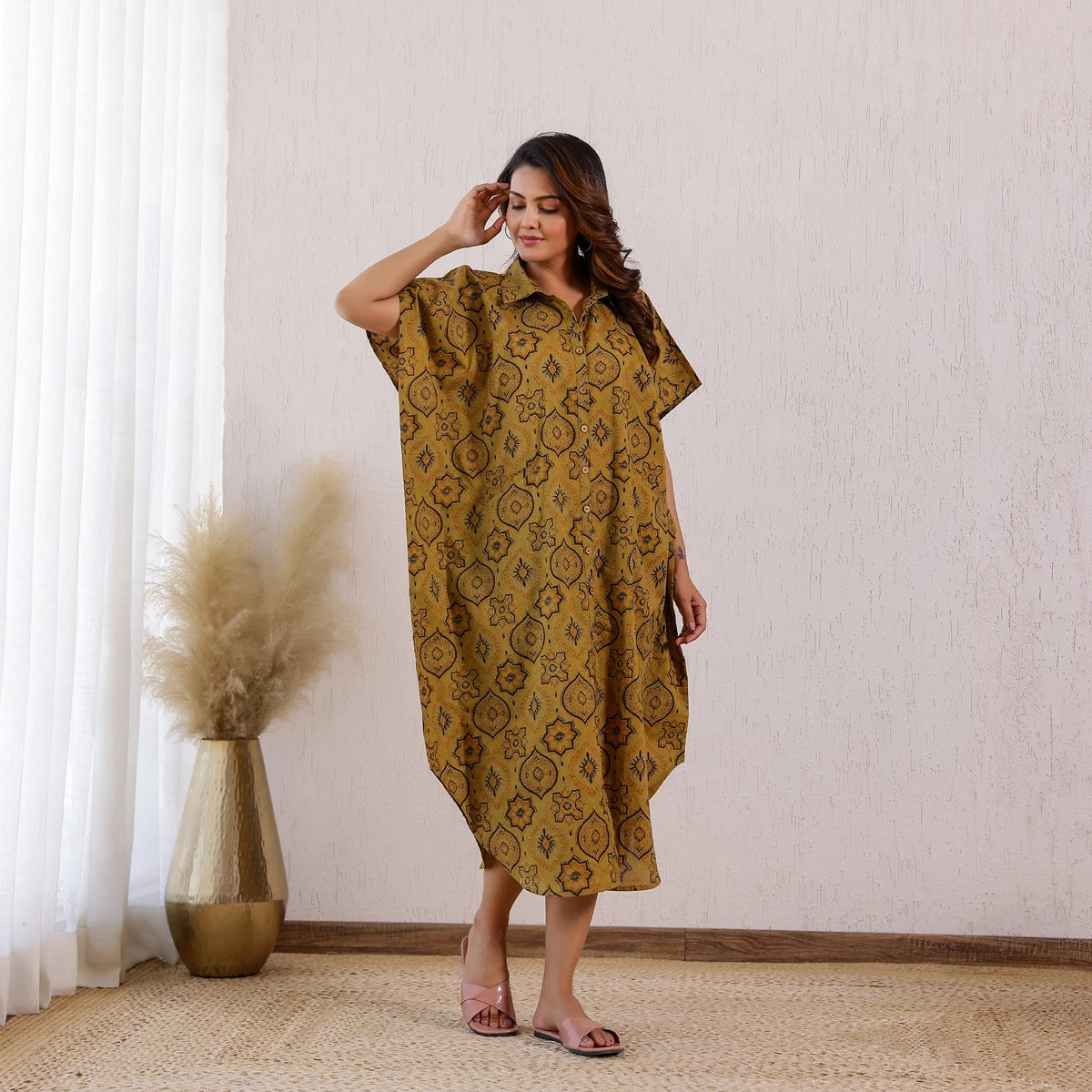 Mustard Yellow Ajrakh Printed Cotton Shirt Kaftan