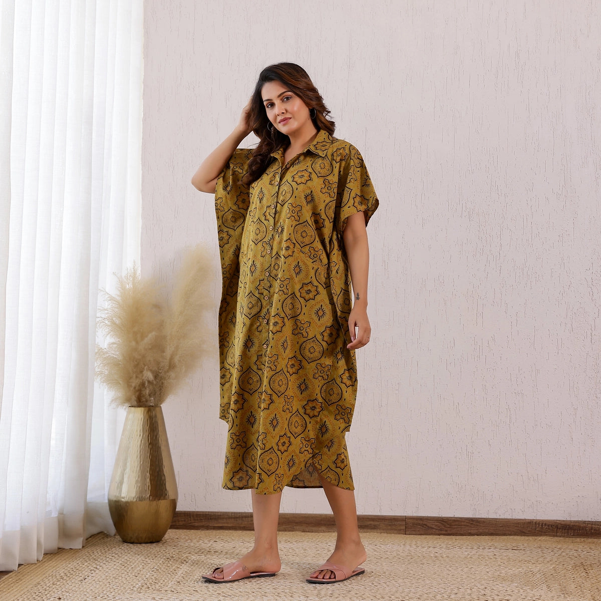 Mustard Yellow Ajrakh Printed Cotton Shirt Kaftan